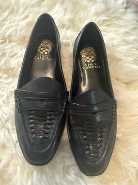 Vince Camuto Black Woven Leather Penny Loafers